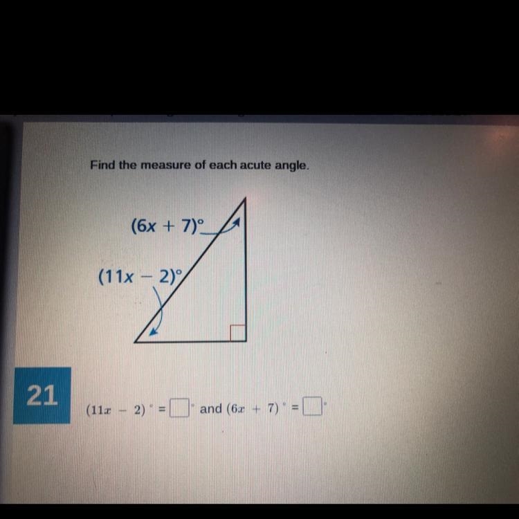 Find the measure of each acute angle.-example-1