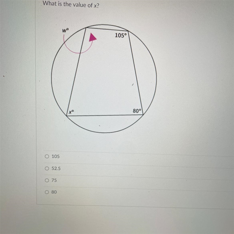 What is the value of x? w t 105° 80°-example-1