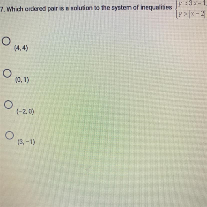 Which ordered pair is a solution to the system of inequalities {y <3x-1 y>|x-example-1