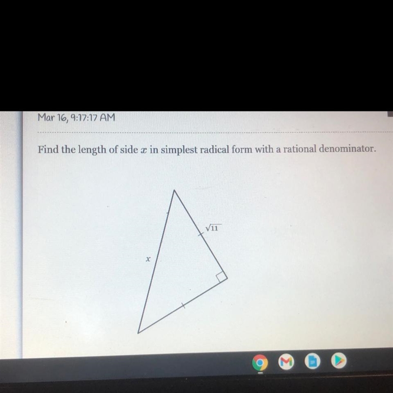 Find the length of side x in simplest radical form with a rational denominator.-example-1