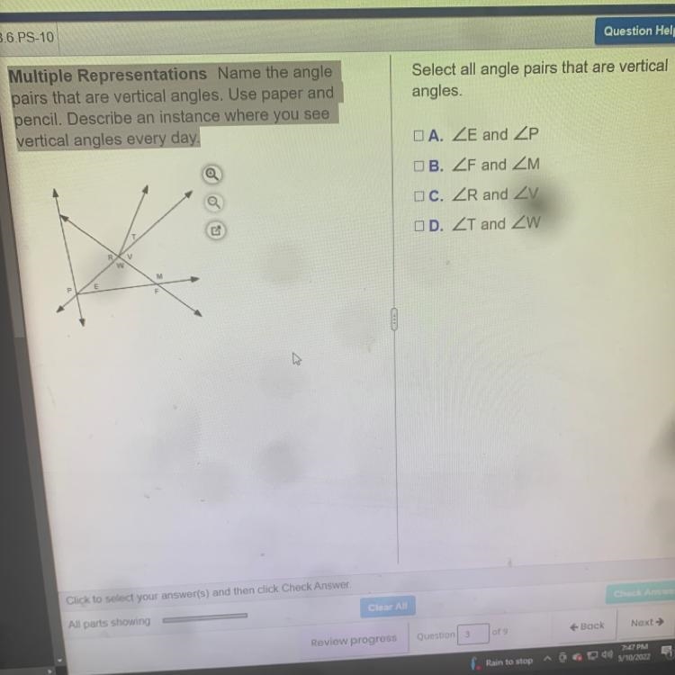 Name the angle pairs that are vertical angles A. E and P B. F and M C. R and V D. T-example-1