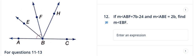 If m< ABF=7b-24 and m< ABE = 2b, find m< EBF .-example-1