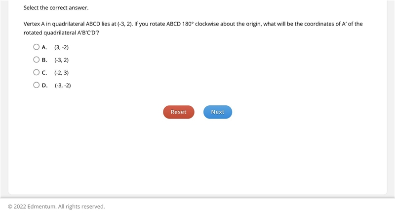 Vertex A in quadrilateral ABCD lies at (-3, 2). If you rotate ABCD 180° clockwise-example-1