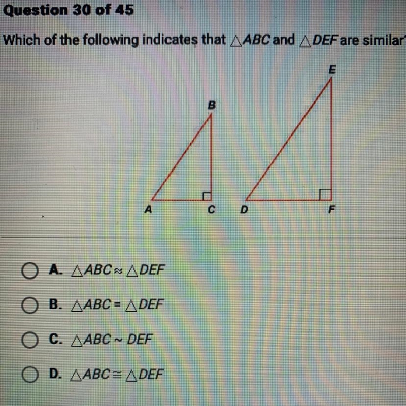 Which of the following indicates that AABC and ADEF are similar?-example-1