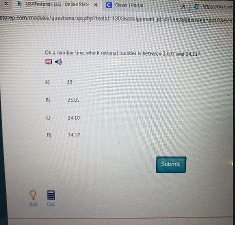 On a number line, which rational number is between 23.07 and 24.11-example-1