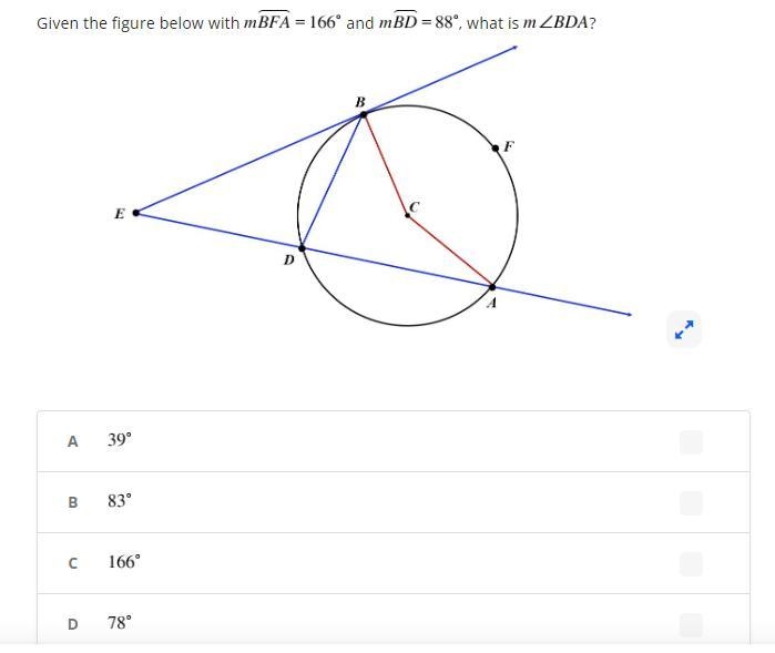 Given the figure below with mBFA = 166° and mBD = 88°, what is Help-example-1