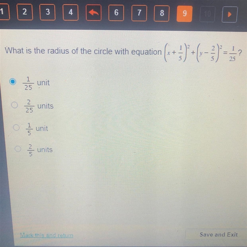 What is the radius of the circle with equation (x + 1/5) ^ 2 + (y - 2/5) ^ 2 = 1/25-example-1