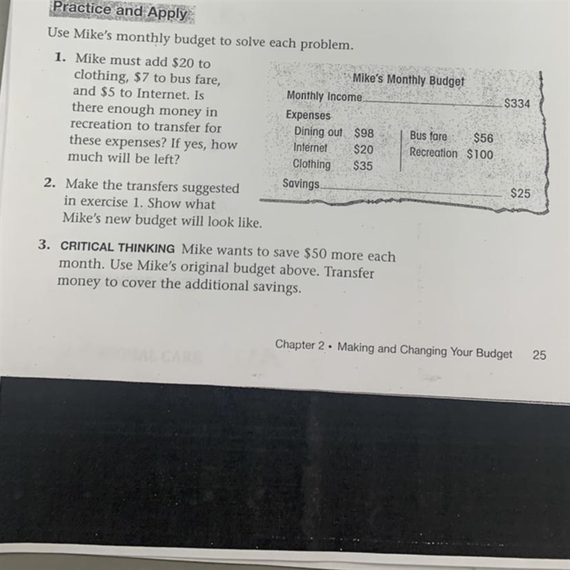 Mike must add $20 to clothing, $7 to bus fare, and $5 to Internet. Is there enough-example-1