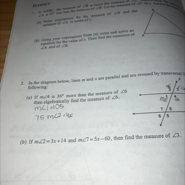 If m<2 =3x + 14 and m<7 =5x -60 then find the measure of angle 3-example-1