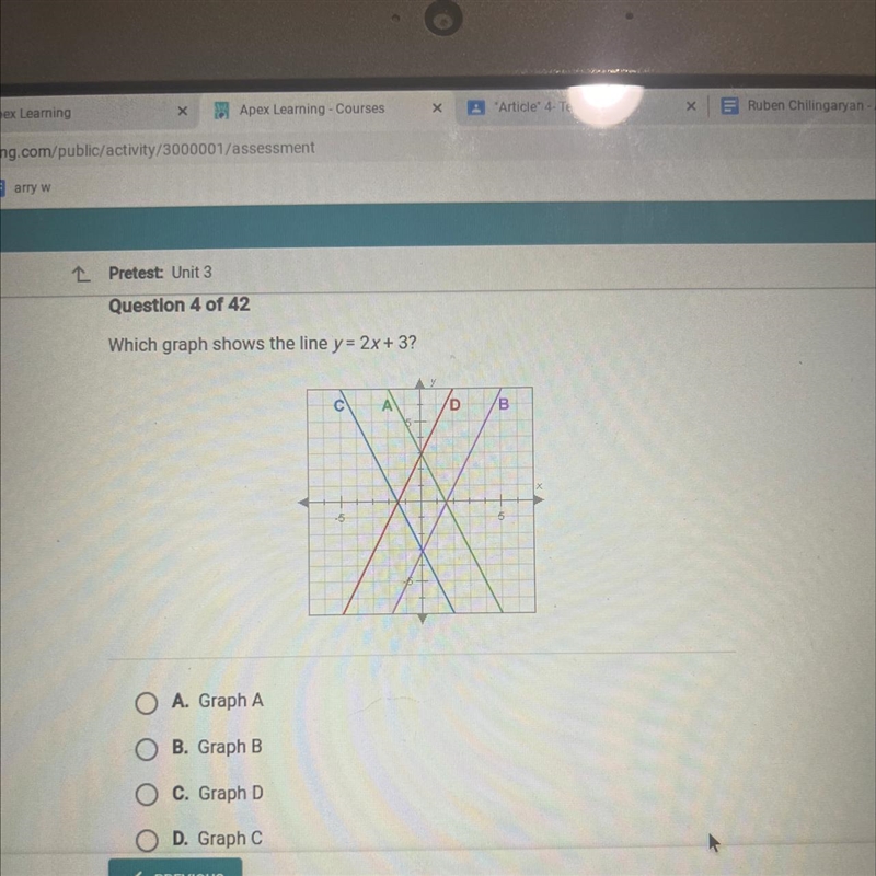 Which graph shows the line y = 2x + 3? C + + D B 5-example-1