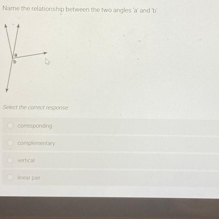 HELP! Name the relationship between the two angles 'a' and 'b'.-example-1