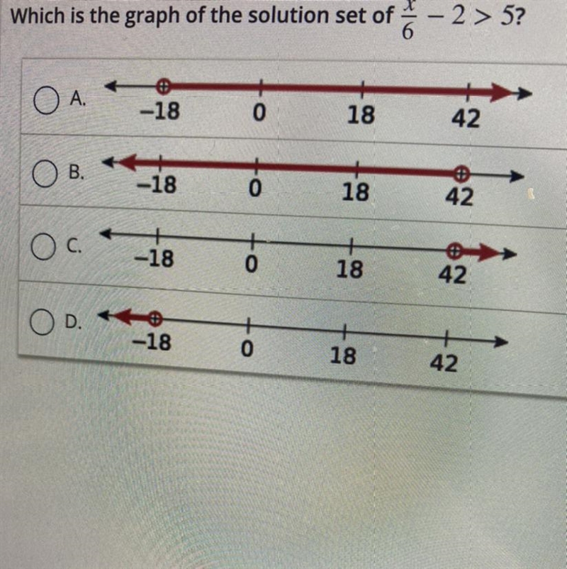 Which is the graph of the solution set of 5 - 2 > 5? O A. -18 o 18 42 O B. -18 0 18 42 + Oc-example-1