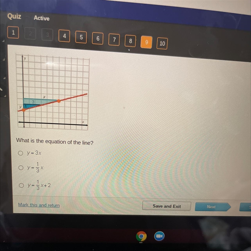 What is the equation of the line? O y=3x o y = 18* O x-3x+2-example-1