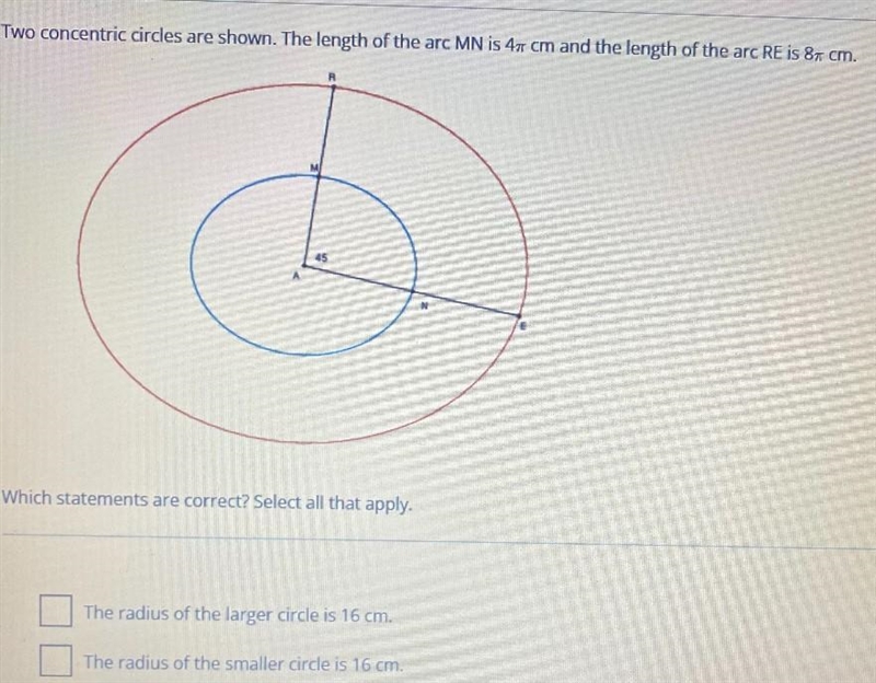 Two concentric circles are shown. The length of the arc MN is 4π cm and the length-example-1