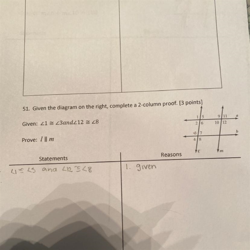 Given angle 1 is congruent toangle 3 and angle 12 is congruent to angle 8 prove l-example-1