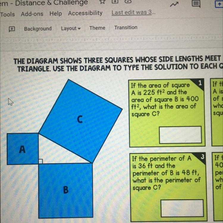 If the area of square A is 225 f12 and the area of square B is 400 ft2, what is the-example-1