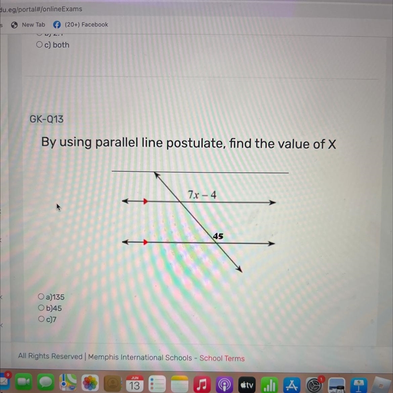 By using parallel line postulate, find the value of X 7x-4 45k-example-1