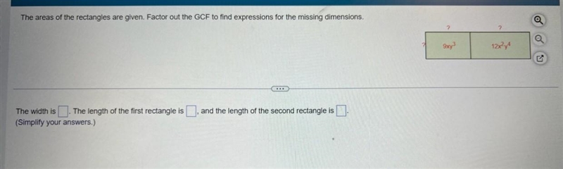 Factor out the GCF to find expressions for the missing dimensions.-example-1