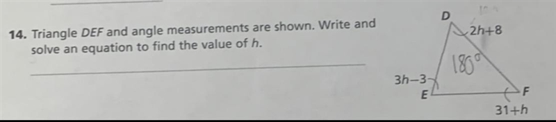 14. Triangle DEF and angle measurements are shown. Write and solve an equation to-example-1