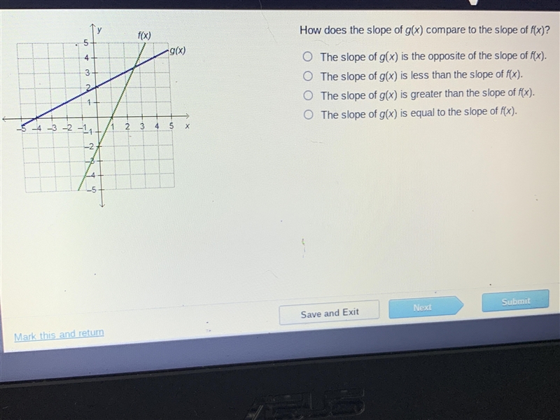 Pls help how does the slope g(x) compare to the slope of f(x) ?-example-1