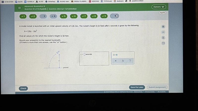 Find the values of t for which the rockets height is 50 feet. Round the answers-example-1