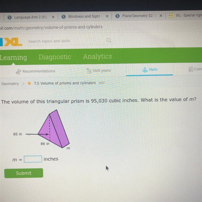 The volume of this triangular prism is 95,030 cubic inches. What is the value of m-example-1