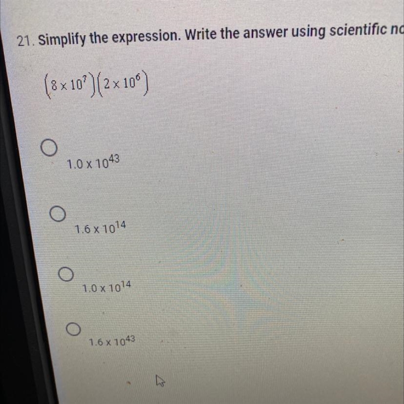 Simplify the expression write the answer using scientific notation (8x10^7)(2x10^6)-example-1