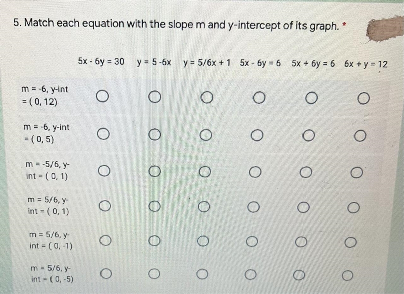 5. Match each equation with the slope m and y-intercept of its graph.5x - 6y = 30 y-example-1