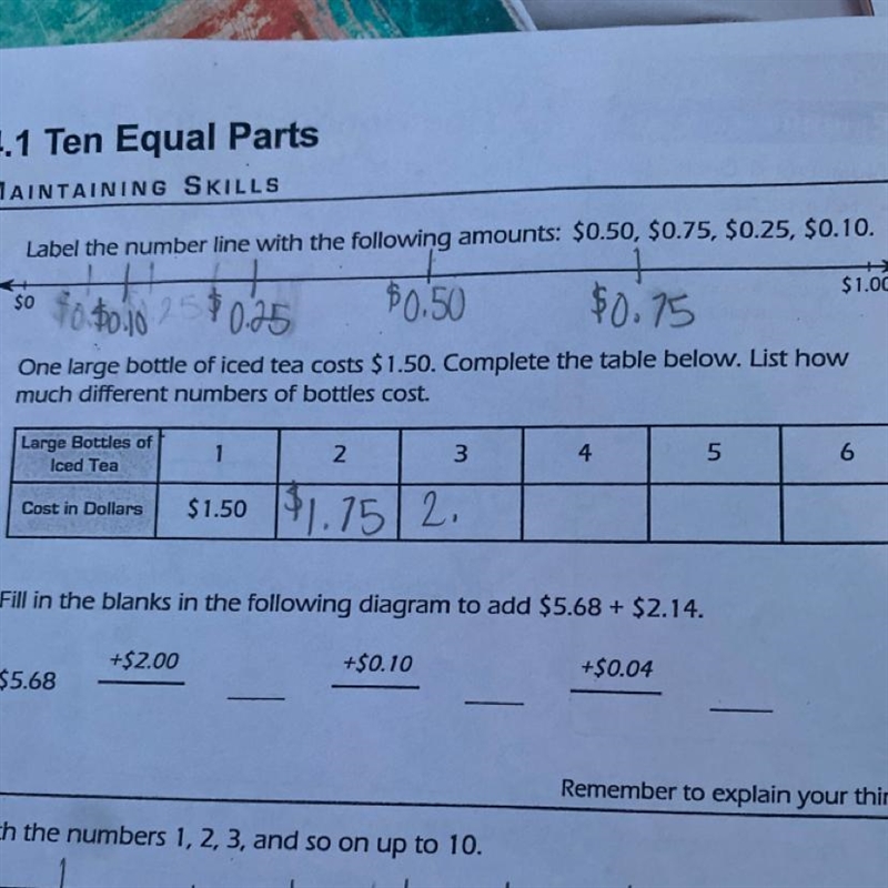 One large bottle of iced tea costs $1.50. Complete the table below. List how much-example-1