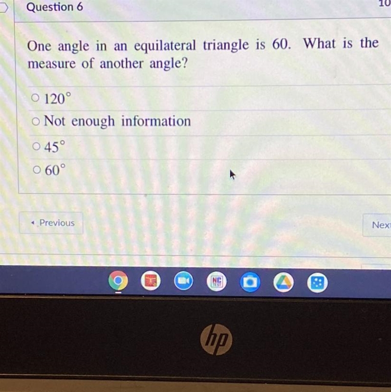 One angle in an equilateral triangle is 60. What is the measure of another angle?-example-1