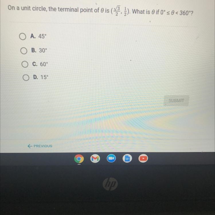 On a unit circle, the terminal point of e is (3, 3). What is e if 0° s< 360°?A-example-1