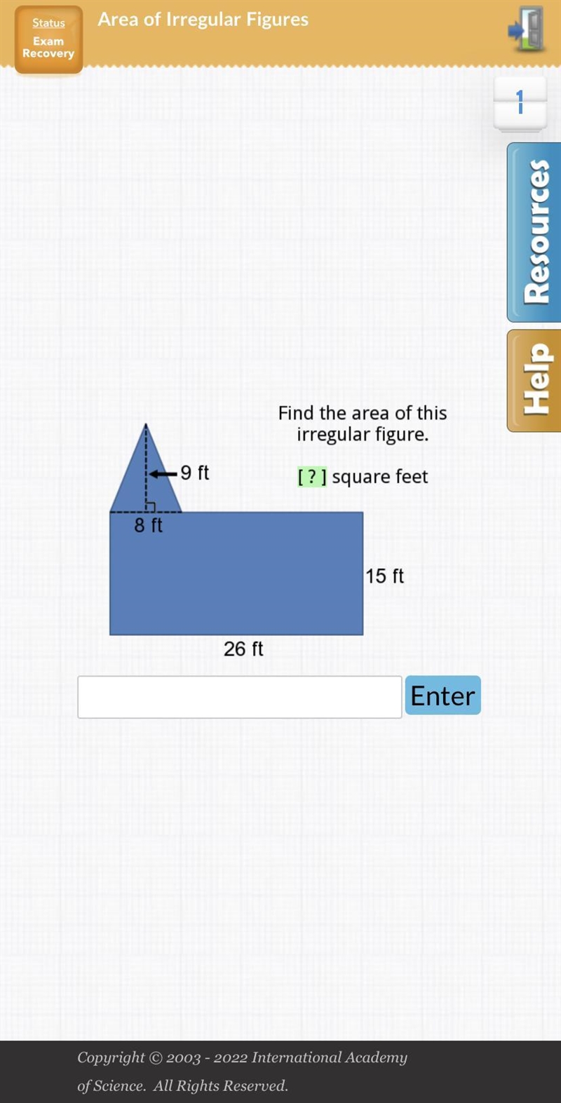 Find the area of this irregular figure above 8ft 9ft 26ft 15ft-example-1