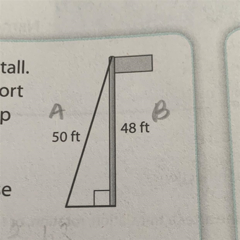 A flagpole is 48 feet tall. A 50-foot-long support wire connects the top of the flagpole-example-1