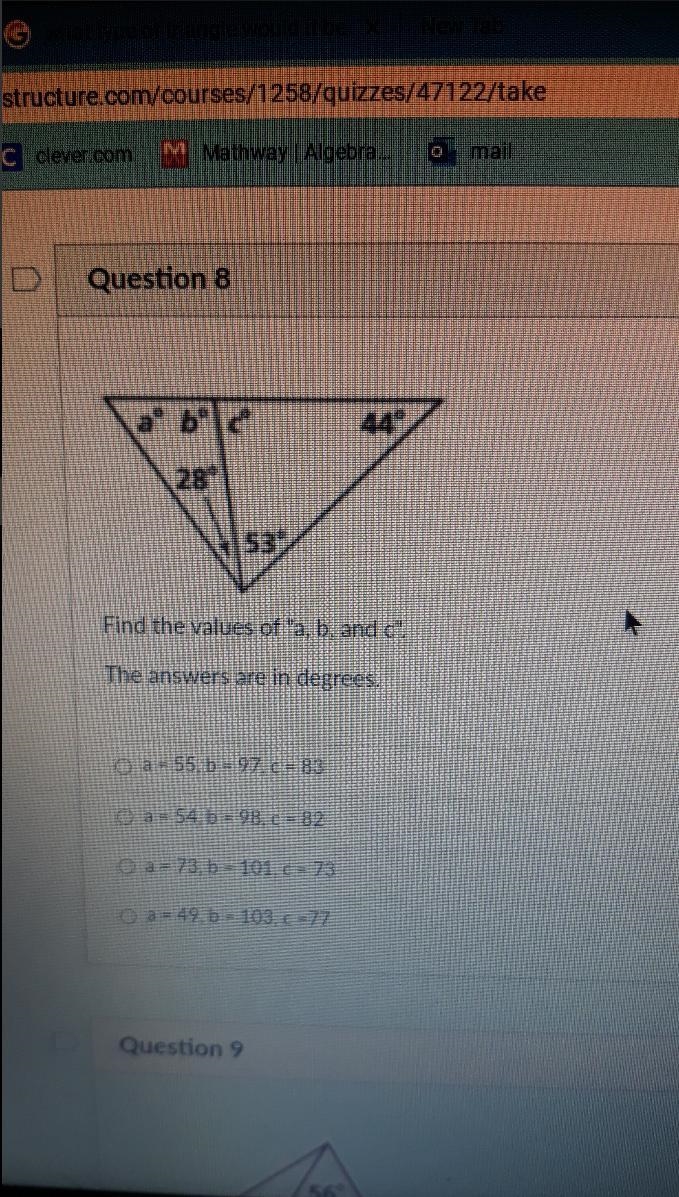 Find tr he values of a b and c.The answers are in degrees.-example-1