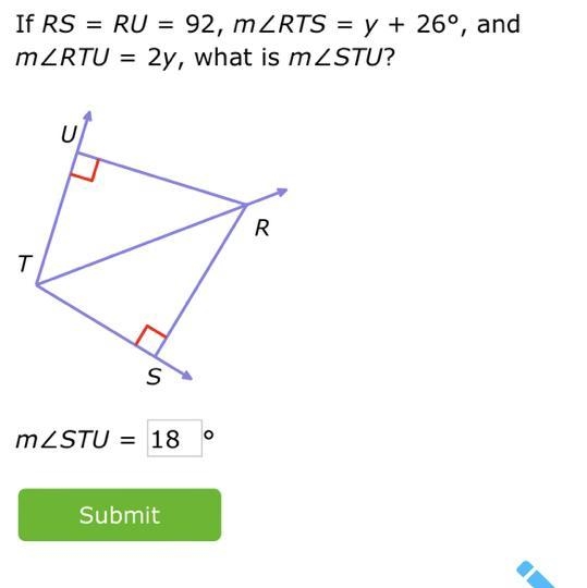 If RS=RU=92, m∠RTS=y+26°, and m∠RTU=2y, what is m∠STU?-example-1