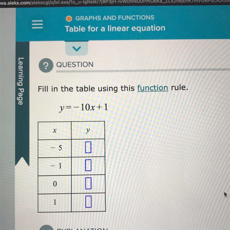 Table for a linear equation Fill in the table using this function rule. y = -10x + 1 x-example-1