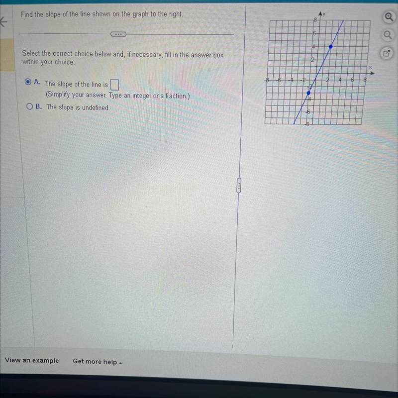 Find the slope of the line shown on the graph to the right.-example-1