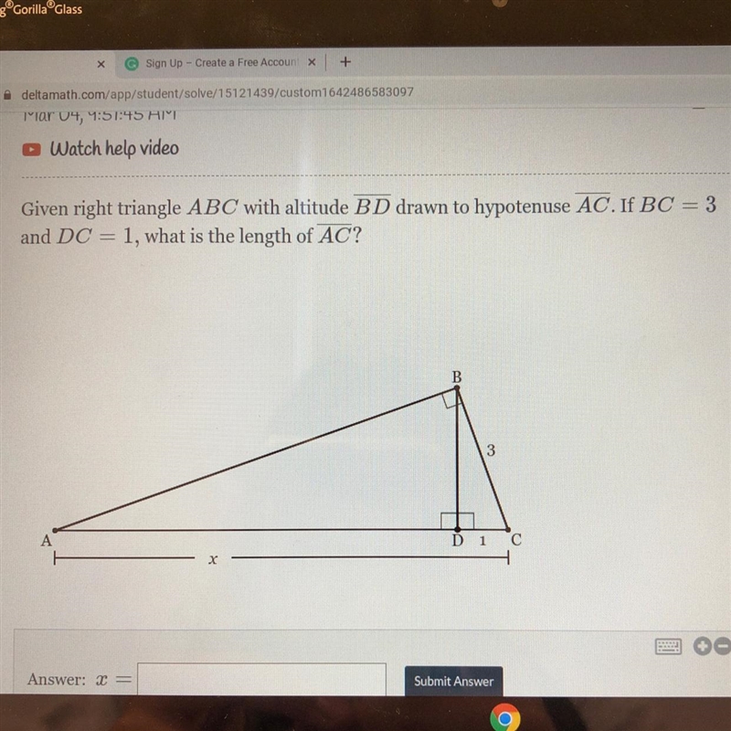 Given right triangle ABC with altitude BD drawn to hypotenuse AC. If BC = 3 and DC-example-1