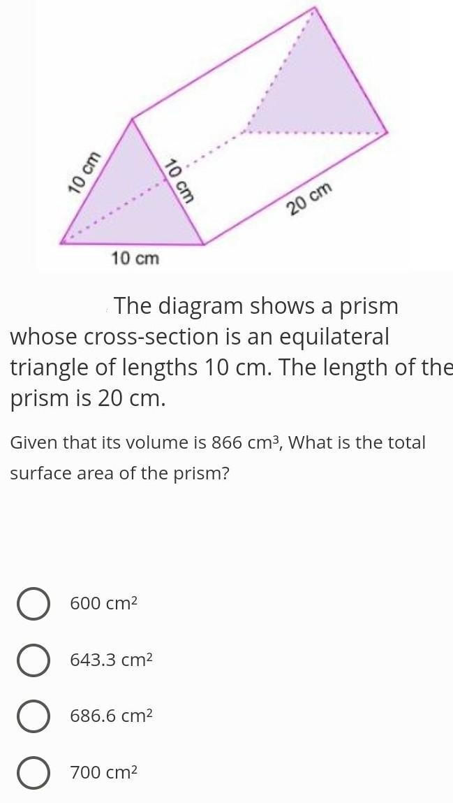 the diagram shows a prism whose cross-section is an equilateral triangle of lengths-example-1