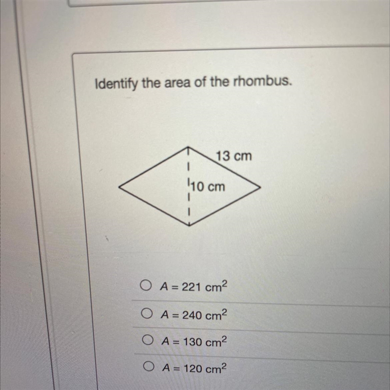 Identify the area of the rhombus.-example-1