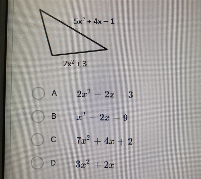 Determine an expression that would represent the missing side if the perimeter is-example-1