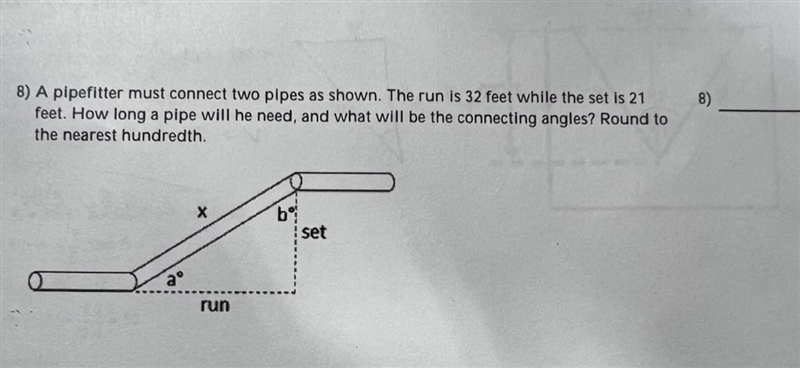 A pipefitter must connect two pipes as shown. The run is 32 feet while the set is-example-1