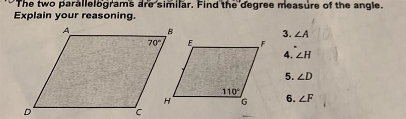 The two parallelograms are similar. Find the degree measure of the angle. Explain-example-1