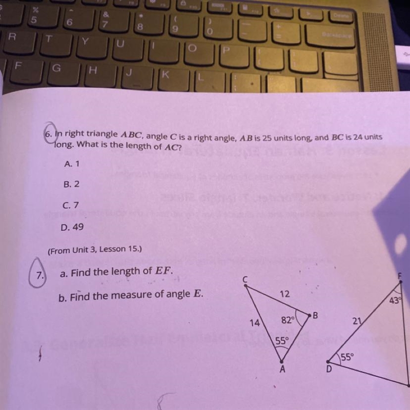 6. In right triangle ABC, angle C is a right angle, AB is 25 units long, and BC is-example-1