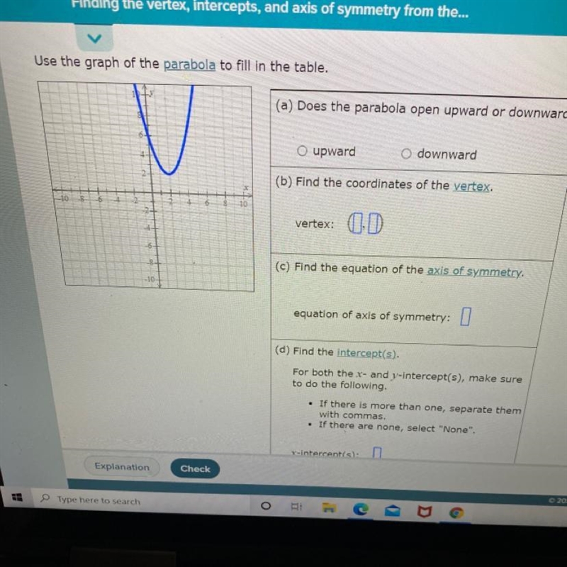 Use the graph of the parabola to fill in the table.-example-1