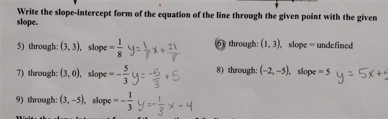 Please help! not sure how to solve 6 write the slope intercept form of the equation-example-1