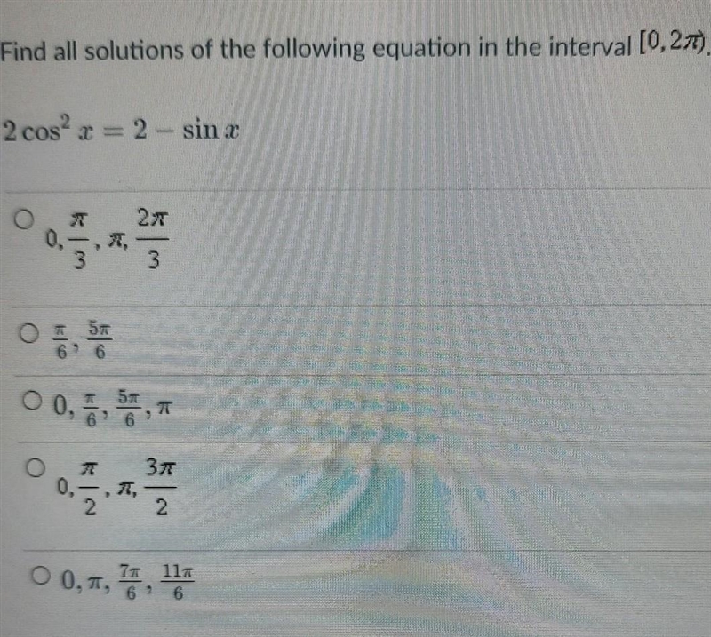 Find all solutions of the following equation in the interval [0, 2pi).2cos^2 x = 2- sin-example-1