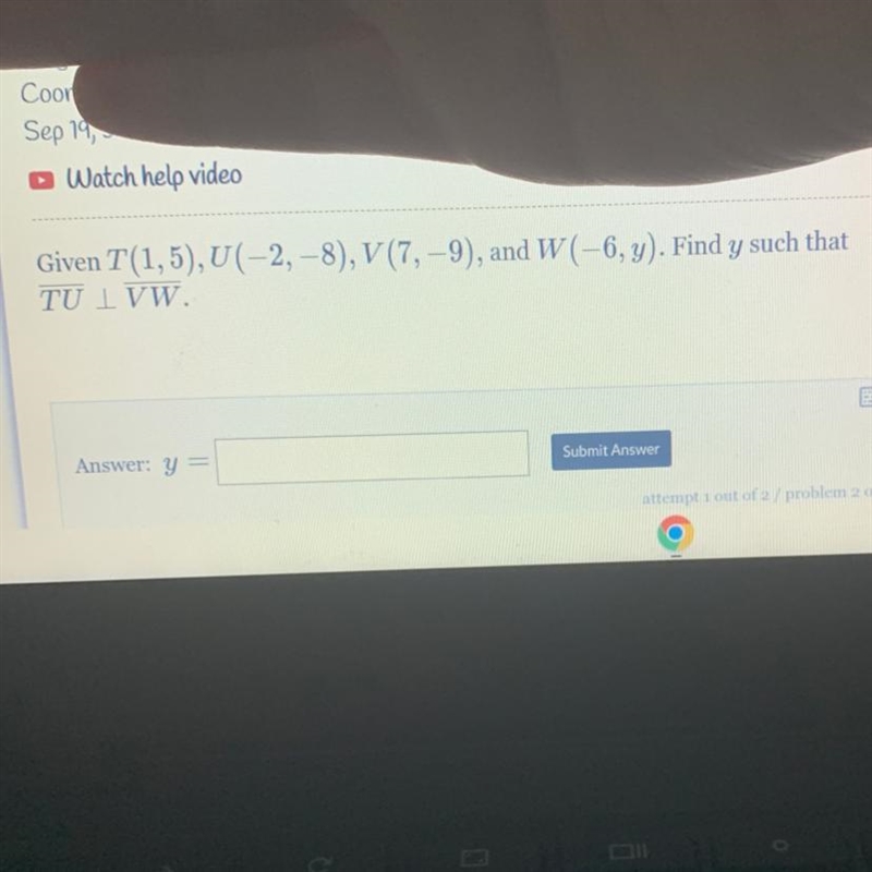 Given T(1,5), U(-2,-8), V(7,-9), and W(-6, y). Find y such that TU VW-example-1