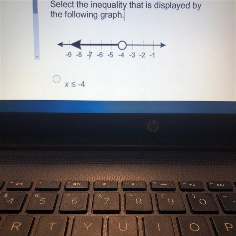 Select the inequality that is displayed by the following graph.X <_-4X>_-4X-example-1