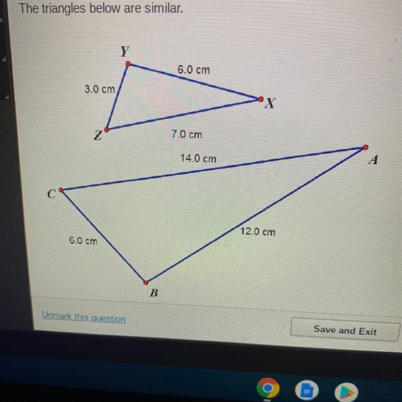 The triangles below are similar. Which similarity statement expresses the relationship-example-1